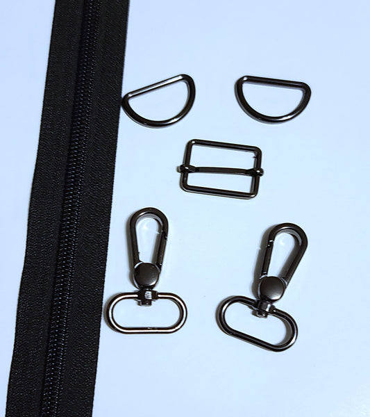 6pc Zipper & Hardware Bundle 1" Gunmetal & Black