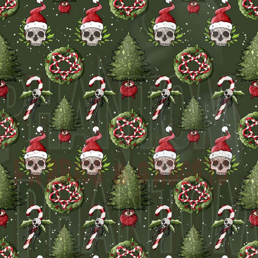Preorder Christmas Santa Skulls & Trees Green