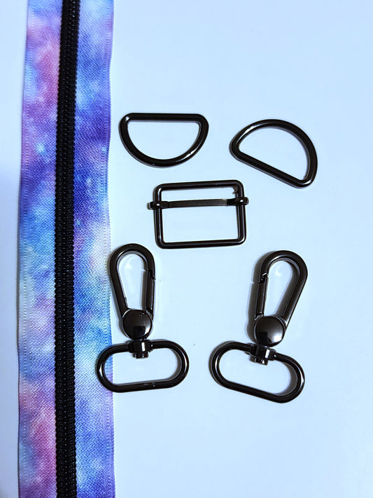 6pc Zipper & Hardware Bundle 1" Gunmetal & Galaxy