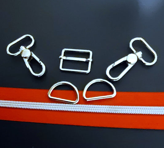 6pc Zipper & Hardware Bundle 1" silver & red