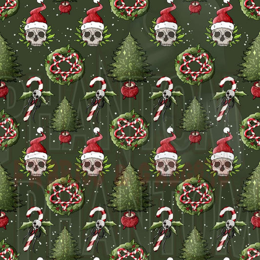 Preorder Christmas Santa Skulls & Trees Green